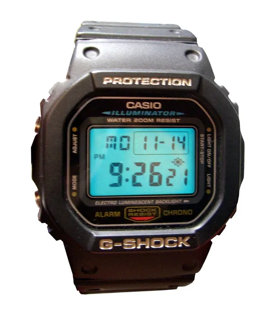 Ältere G-SHOCK DW-5600E-1V. Formbeispiel; nicht das aktuelle UE-Modell mit LED.