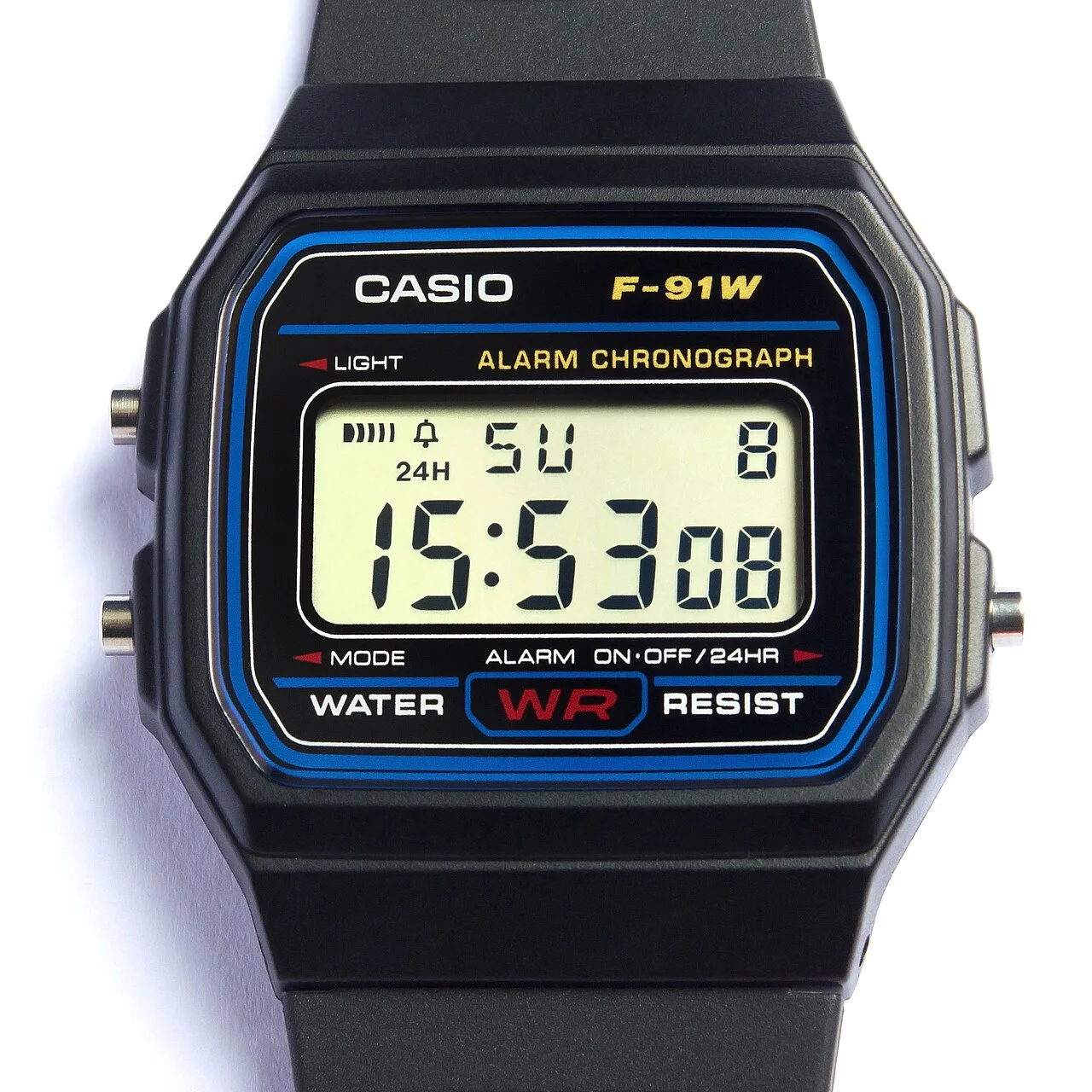 Close-up of a black Casio F-91W digital watch