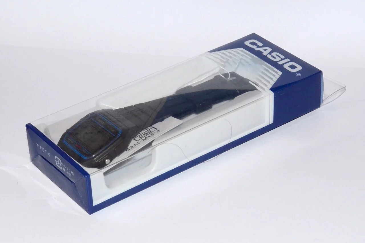 Casio F-91W mit Verpackung.
