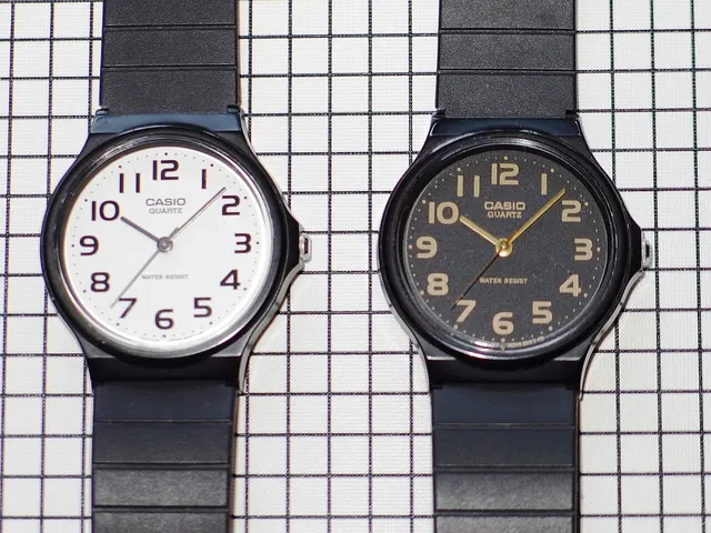 Zwei Casio MQ-24 mit hellem und dunklem Zifferblatt. Größen- und Gestaltungsbeispiele.