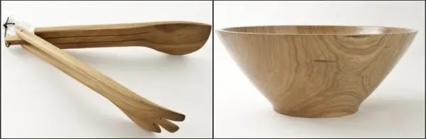 Zweiteiliges Produktfoto mit hölzernem Salatbesteck links und einer Holzschüssel rechts