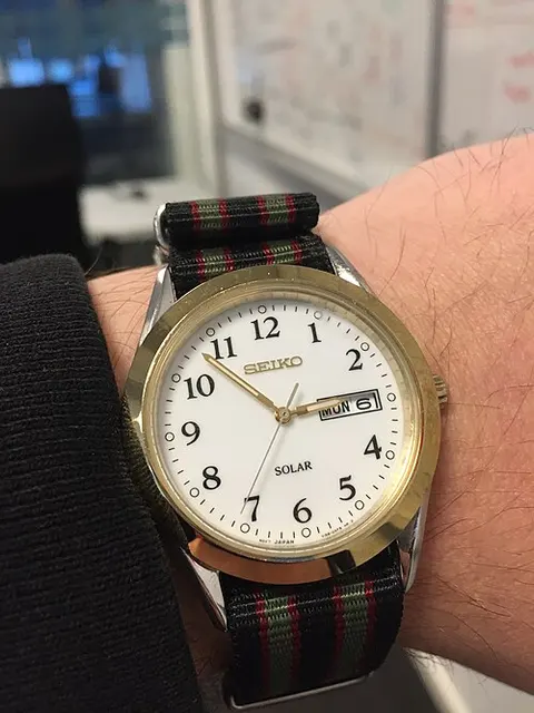 Seiko Solar SNE056 en la muñeca, con correa de piel oscura.