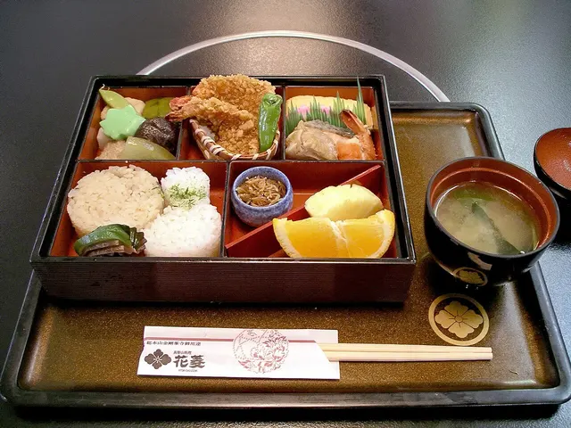 Bento servido en bandeja con cuencos y palillos en Hanabishi, Koyasan. Fotografía de contexto; no es un producto Skater.