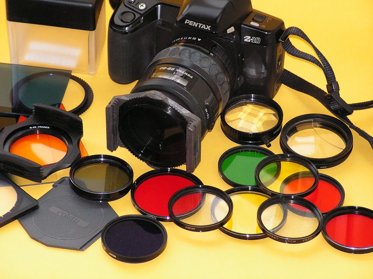 Appareil photo entouré de plusieurs filtres circulaires.