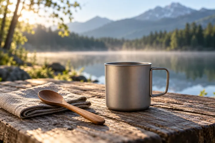 Illustration générée par IA : Une tasse générique sur une table de pique-nique au bord d’un lac.