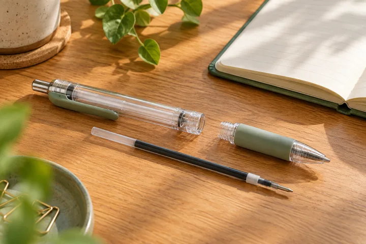 Illustration générée par IA : stylo gel générique et recharge sur un bureau.