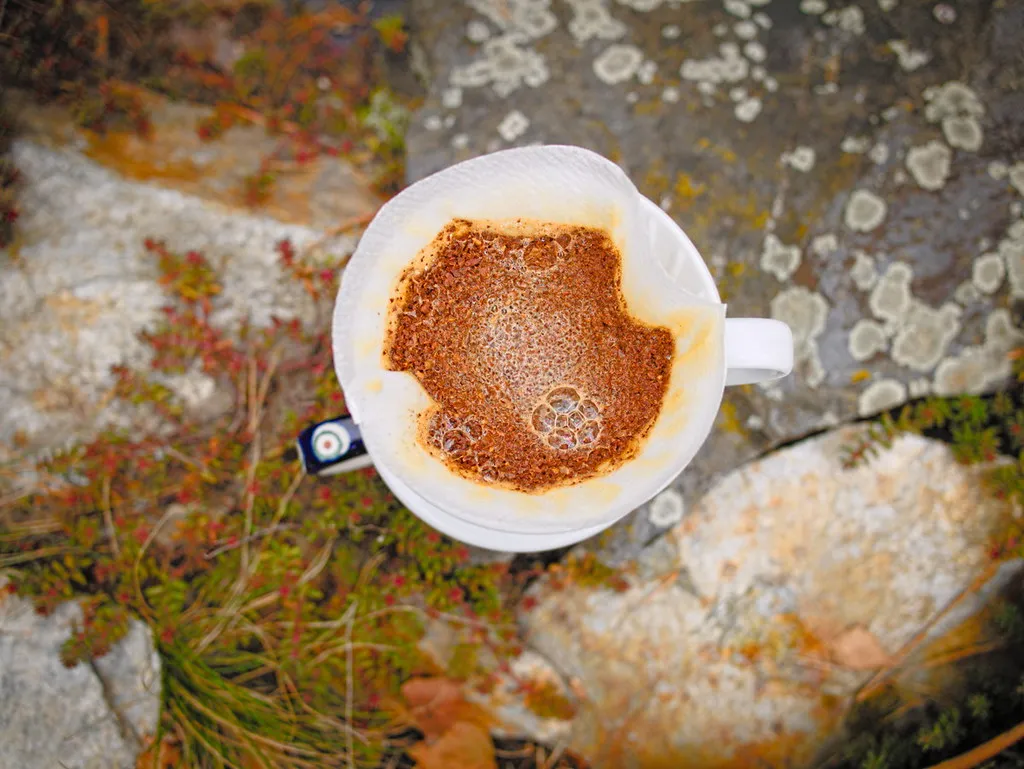 Hario V60 blanc en céramique vu du dessus avec du café en cours d’infusion