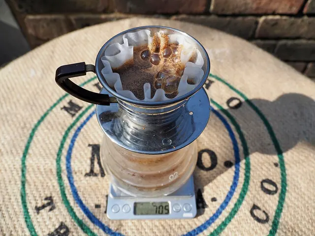 Kalita Wave avec filtre plissé posé sur une carafe et une balance