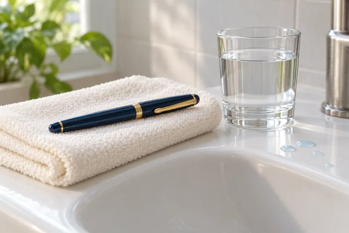 Illustration générée par IA : stylo générique, eau et linge pour évoquer l’entretien.