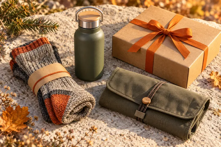 Illustration générée par IA : Un cadeau emballé et des accessoires génériques pour une sortie.