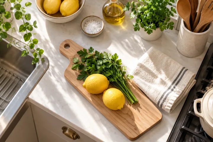 Illustration générée par IA : Une petite cuisine et une planche avec des citrons et des herbes.