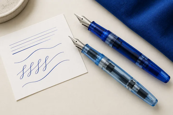 Illustration générée par IA : deux plumes génériques et traits de largeur différente.