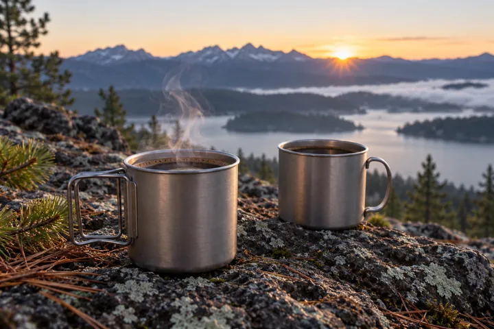 Illustration générée par IA : Deux tasses génériques dans un paysage de montagne.