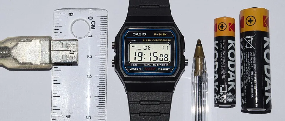 Casio F-91W photographiée près d’une règle et d’objets courants