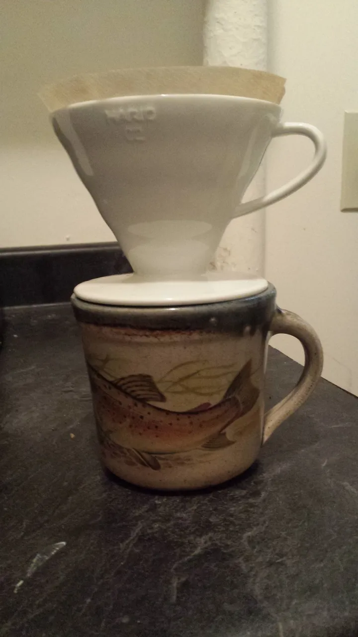 Dripper Hario bianco appoggiato sopra una tazza