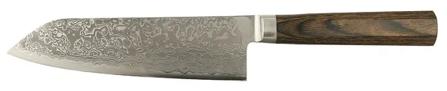 Takamura-Hana-Santoku mit gemusterter Klingenoberfläche.