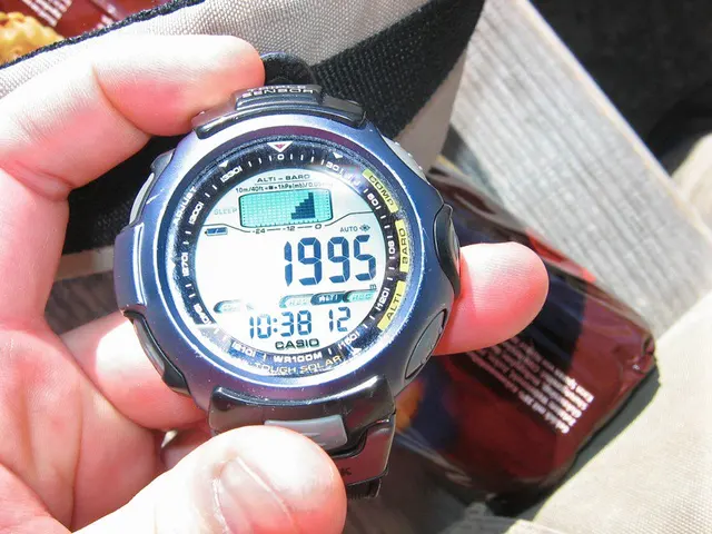 Digital Casio hållen i handen under en utflykt.