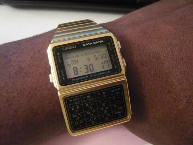 Guldfärgad Casio Data Bank med sifferknappar på handleden.
