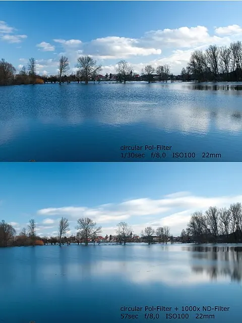 Zwei Aufnahmen einer Wasserfläche mit unterschiedlichen Belichtungszeiten