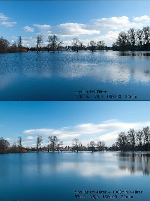 Zwei Aufnahmen einer Wasserfläche mit unterschiedlichen Belichtungszeiten