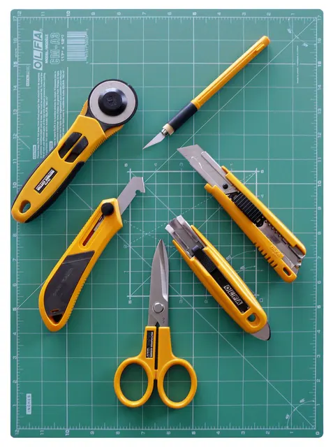 OLFA-Werkzeuge mit Rollschneider, Messern, Schere und Schneidmatte. Das Sortiment veranschaulicht unterschiedliche Werkzeugtypen; die konkrete Modellnummer ist jeweils separat zu prüfen.