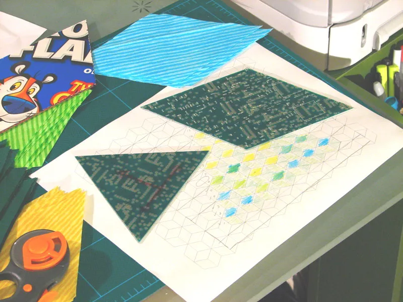Patchworkstoffe, Papierschablone, Lineal und Rollschneider während der Projektvorbereitung. Kontextfoto für Geschenke, die zur tatsächlich verwendeten Technik passen.