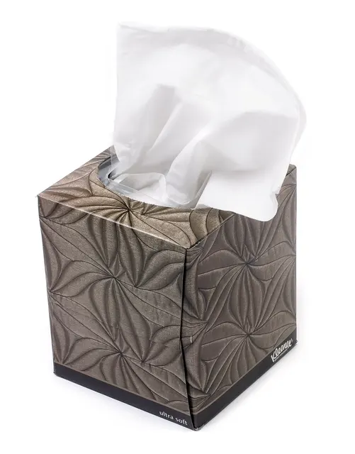 Quadratische Kleenex-Tuchbox als Formatbeispiel für Nachfüllpackungen. Sie zeigt keine Yamazaki-RIN-Hülle und keinen losen Holzdeckel.