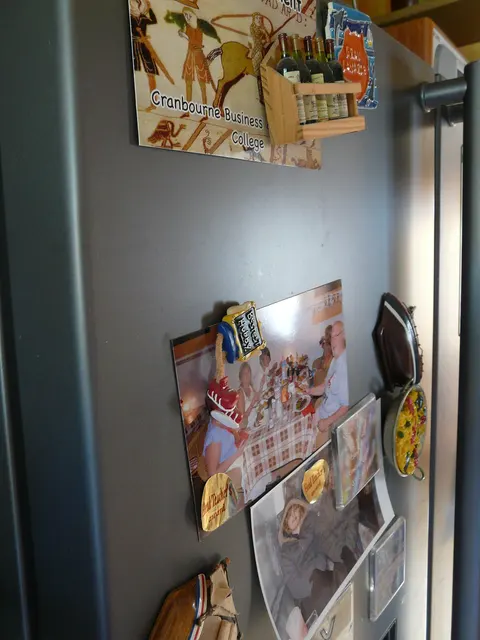 Magnete halten Karten und Fotos an einer Kühlschranktür.